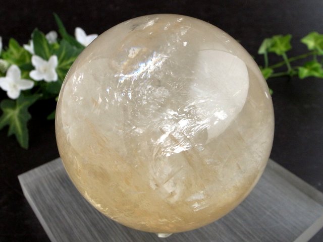 別格 透明 虹入り 4A ゴールデン カルサイト 丸玉 台座付 直径82mm 重さ829g 繁栄と成功の象徴 丸玉置物 一点もの メキシコ産