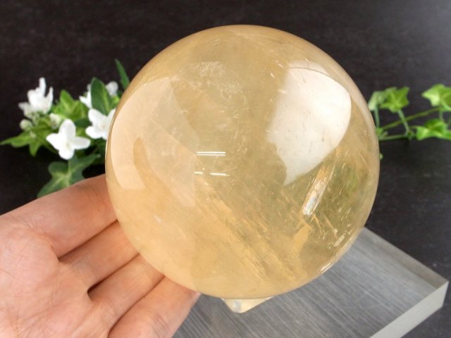 別格 透明 虹入り 4A ゴールデン カルサイト 丸玉 台座付 直径93mm 重