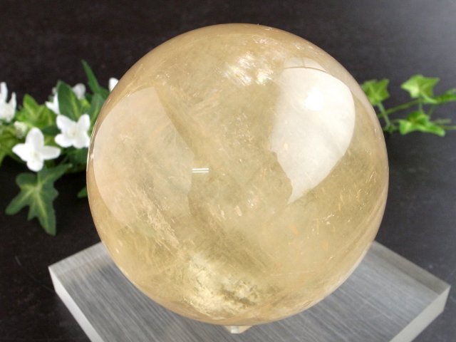 別格 透明 虹入り 4A ゴールデン カルサイト 丸玉 台座付 直径93mm 重さ1179g 繁栄と成功の象徴 丸玉置物 一点もの メキシコ産