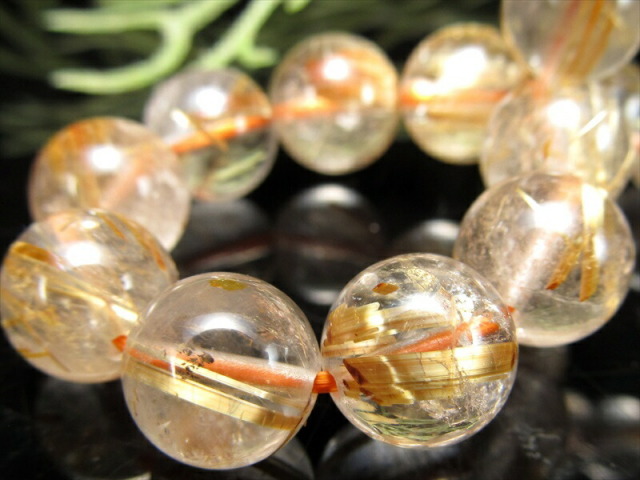 3A+ タイチン珠有り ゴールドルチルクォーツ ブレスレット 9.5mm-10mm×20珠 褐色ゴールドカラー くっきりルチル ブラジル産