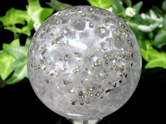 激レア パイライトインフローライト 丸玉 台座付 直径約56mm 重さ約287g 天才の石 整然と並ぶパイライト 一点物 蛍石 アメリカ合衆国イリノイ州産