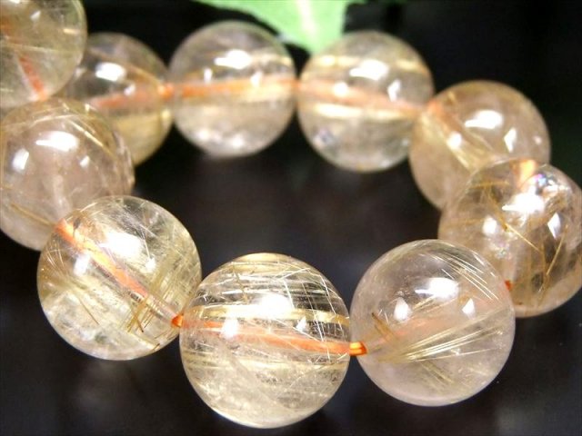 迫力の大珠 3A ゴールドルチルクォーツ ブレスレット 14mm-14.5mm×15珠 タイチン針有り ゴールドカラー くっきりルチル ブラジル産