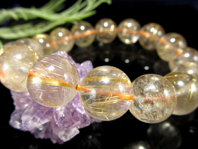 迫力の大珠 3A ゴールドルチルクォーツ ブレスレット 13mm-14mm×16珠 タイチン針有り ゴールドカラー くっきりルチル ブラジル産