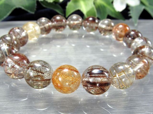 3A+ MIXルチルクォーツ ブレスレット 約10mm-10.5mm×19珠 秋を閉じ込めた針の芸術品 高透明度×針バランス良好 財運・活力を呼ぶ守護石 一点もの ブラジル産