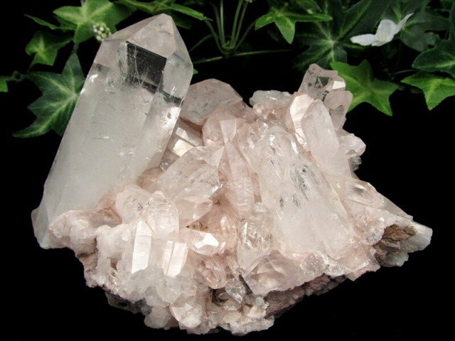 幻の逸品 希少 ほんのりピンク 抜群の透明度 ピンク レムリアン 水晶 クラスター 最大幅 約128mm 重さ 445g