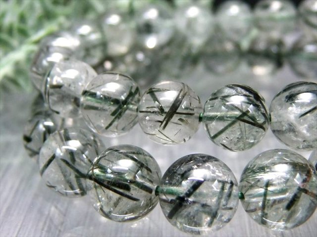 はっきりとした針状結晶 2A+ グリーンルチルクォーツ グリーントルマリンインクォーツ/アクチノライトインクォーツ ブレスレット 10.5mm-11mm×19珠前後