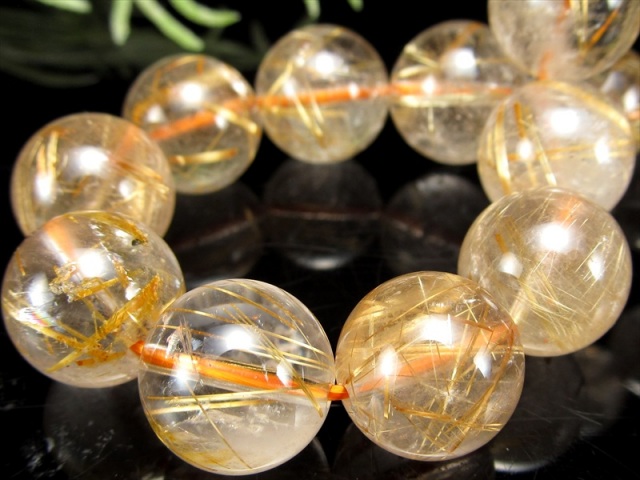 虹入り 迫力の大珠 3A ゴールドルチルクォーツ ブレスレット 12.5mm-13mm×17珠 タイチン針有り ゴールドカラー くっきりルチル ブラジル産 パワーストーン