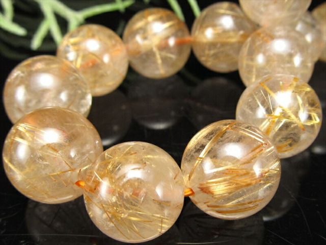 迫力の大珠 3A ゴールドルチルクォーツ ブレスレット 13mm-13.5mm×16珠 タイチン針有り ゴールドカラー くっきりルチル ブラジル産 パワーストーン 天然石