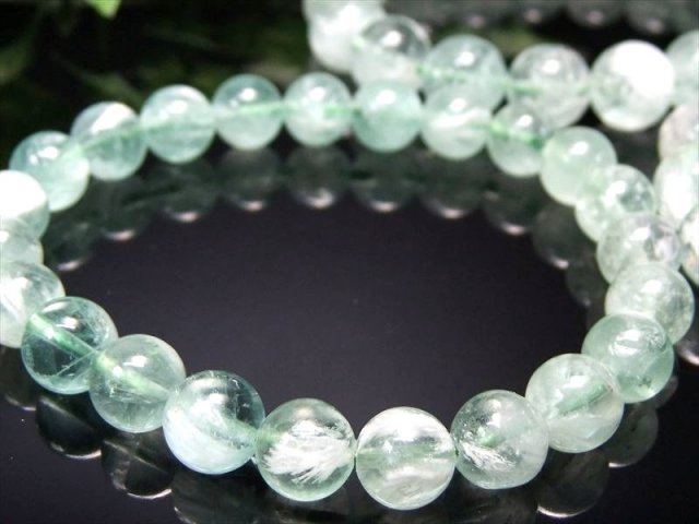 グリーンフェザーフローライト 蛍石 ブレスレット 約9.5mm-10mm×19珠