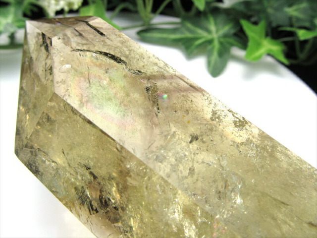 虹入り 大きめサイズ 雷神ファントム シトリン 六角柱 ポイント 専用木製台座付 高さ143mm 重さ382g 超透明 一点もの 黄水晶 ブラジル産 パワーストーン