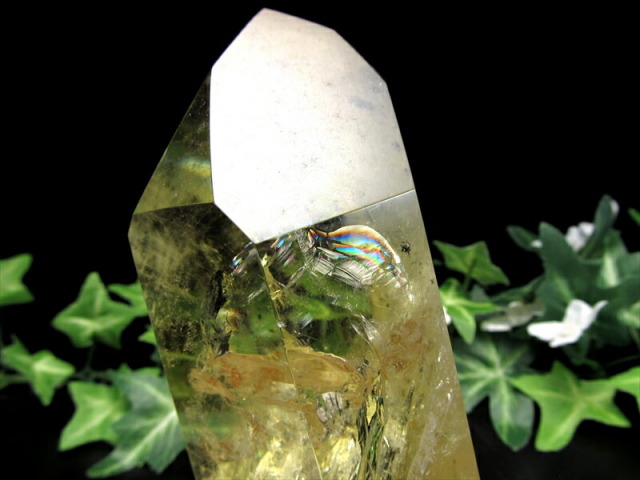 虹入り シトリン ポイント 置物 専用木製台付 高さ約155mm 重さ681g 濃厚発色 黄水晶 11月の誕生石 一点もの ブラジル産 パワーストーン 天然石