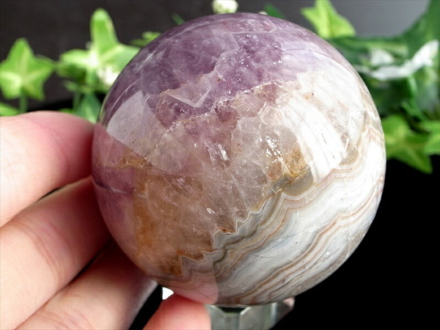 アメジストと瑪瑙共生 アメジスト・瑪瑙 丸玉 置物 台座付き 直径60mm