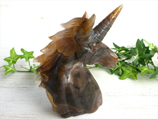 2026年の干支 メノウ 瑪瑙 ユニコーン 彫刻置物 高さ134mm 重さ355g