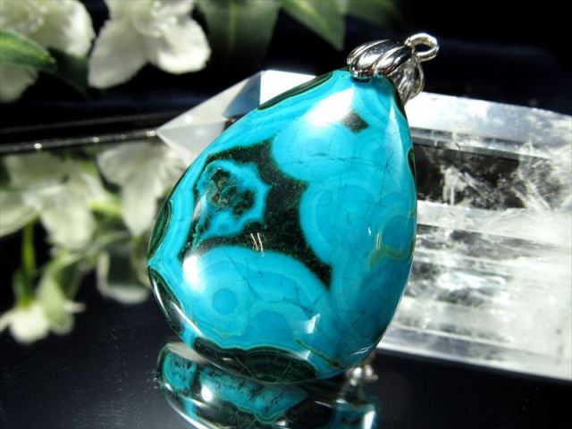 希少 天眼模様入り 天眼クリソコラマラカイト ぷっくりドロップ型 ペンダントトップ 石サイズ縦約33mm 重さ約11.3g 大人気の癒しの石 1点物 Silver925