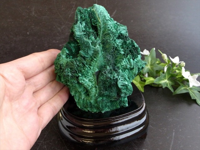 ☆高級一点物☆【原石】マラカイト(台付) No.1 天然石 パワーストーン　小 貴重 マラカイト 原石 専用木製台座付 高さ145mm 重さ652g ベルベット