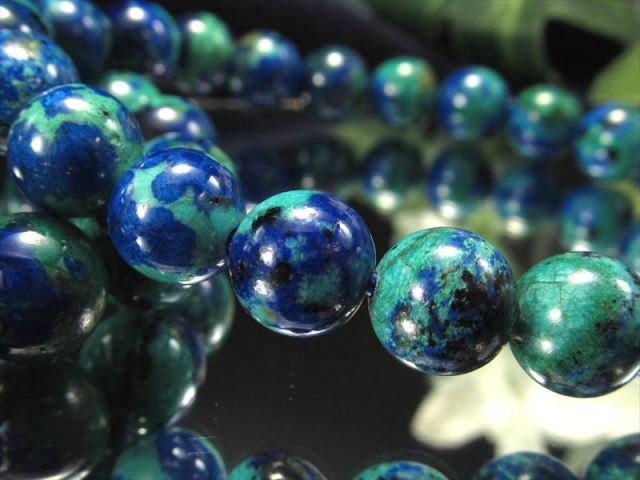まるで地球 アズライトマラカイト ブレスレット 9mm-9.5mm×21珠前後 発色鮮やか 強力な癒しを与え持ち主を霊的に守護する石 アズロマラカイト コンゴ産
