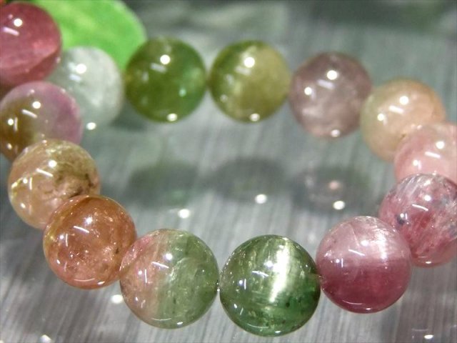 今回の大当たり 超透明 4A+ キャッツアイ MIXトルマリン ブレスレット 8.5mm-9mm×22珠 ポップなパステルカラー 幸運・健康を引き寄せる石
