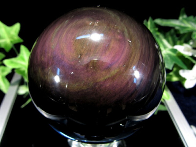 希少AAAAA レインボー オブシディアン 丸玉 台座付 直径76mm 重さ573g 大人気丸玉 レインボーシラー 多彩なシラー黒曜石 一点物 メキシコ産 パワーストーン