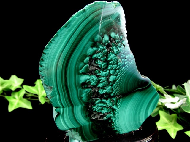 マラカイト ポリッシュ原石 専用木製台座付き 高さ約136mm 重さ約355g 美麗繊細天眼模様 深みのあるグリーン 魔除け 肉体と精神を癒す石 一点物 コンゴ産