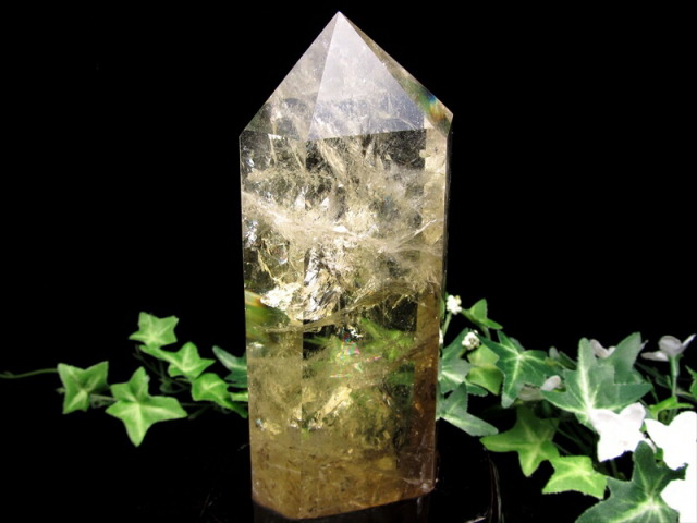 虹入り シトリン ポイント 六角柱 専用木製台座付 高さ約178mm 重さ643.5g 黄水晶 11月の誕生石 一点もの ブラジル産 パワーストーン 天然石