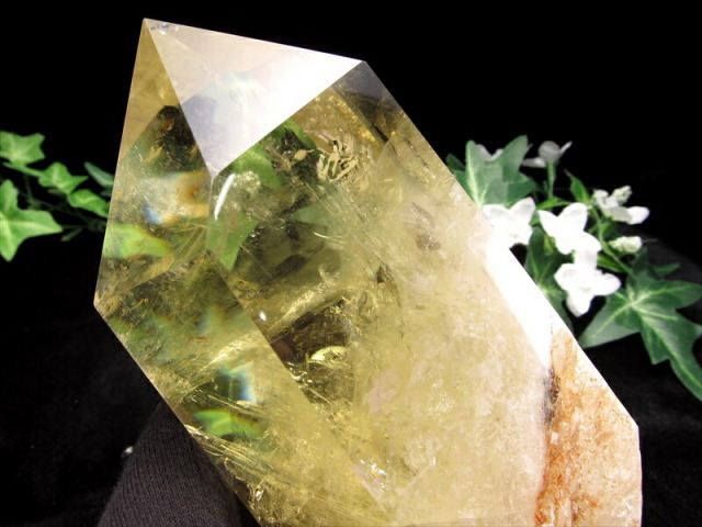虹入り シトリン ポイント 六角柱 専用木製台座付 高さ約189mm 重さ1198.5g 黄水晶 11月の誕生石 一点もの ブラジル産 パワーストーン 天然石