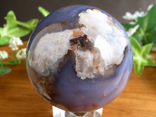 夜桜めのう ブルー桜瑪瑙 丸玉 置物 台座付 直径58mm 重さ259g ふんわりピンクカラー 1点物 マダガスカル産 パワーストーン 天然石