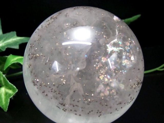 激レア・虹入り パイライトインフローライト 丸玉 台座付 直径約60.6mm 重さ約371g 天才の石 整然と並ぶパイライト 一点物 蛍石 アメリカ合衆国イリノイ州産