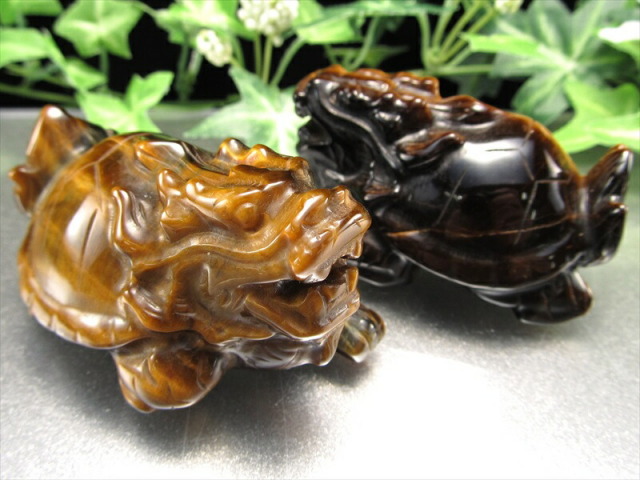 大サイズ タイガーアイ ロングイ 龍亀 彫刻 置物 最大幅約62mm 重さ