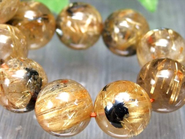 迫力の大珠力強い雷神ルチル 4A 雷神ゴールドタイチンルチルクォーツ ブレスレット 14mm-14.5mm×15珠 ギラギラゴールド 金運の代表石 母岩ヘマタイト入り