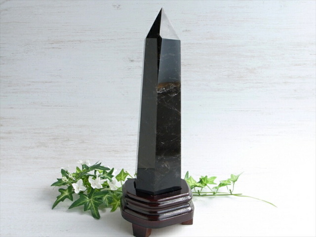 黒水晶 モリオン ポイント 木製専用台座付 高さ30cm 重さ1734g 強力な