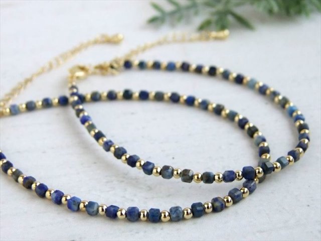 ラピスラズリ キューブカットワイヤーブレスレット 幅約2mm-2.5mm 天然石 瑠璃 12月誕生石 キラキラ繊細カット デザインワイヤーブレスレット