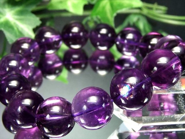 店頭展示中 虹入り 大珠 3A アメジスト 紫水晶 ブレスレット 14mm-14.5