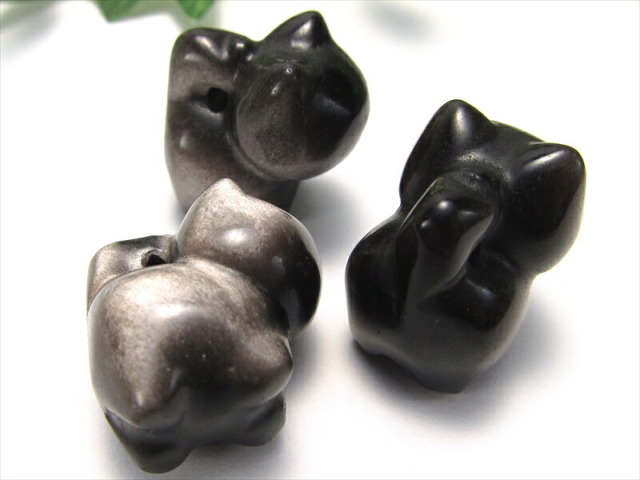 激安宣言 1珠販売 シルバーオブシディアン 猫パーツ タイプA 高さ約