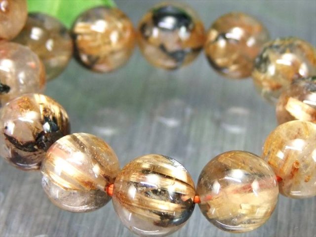 迫力の大珠力強い雷神ルチル 3A+ 雷神ゴールドタイチンルチルクォーツ ブレスレット 10mm-10.5mm×20珠 ギラギラゴールド 金運の代表石 母岩ヘマタイト入り