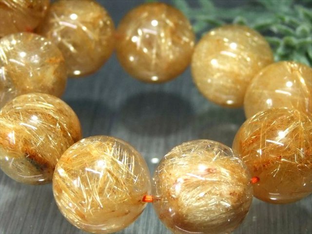 店頭展示中 迫力の大珠 4A ヴィーナスヘア ゴールドルチルクォーツ ブレスレット 16mm-16.5mm×14珠 金運・勝負運のお守りに 別名 天使の矢 バイヤー厳選