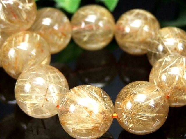 大珠 繊細束針 4A 煌めき ゴールドルチルクォーツ ブレスレット 14mm-14.5mm×15珠 迫力の針びっしりタイプ 金運の代表石 一点もの ブラジル産