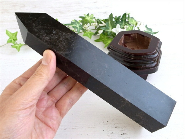 黒水晶 モリオン ポイント 専用木製台座付 高さ255mm 重さ886g 強力な