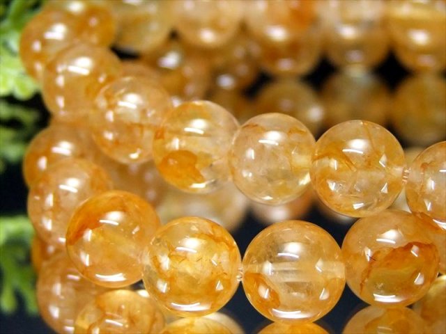 ゴールデン ライモナイト インクォーツ ブレスレット 9.5mm-10mm×20珠前後 濃厚ゴールデンオレンジ 艶やかに映える内包の美しさ 透明感あり
