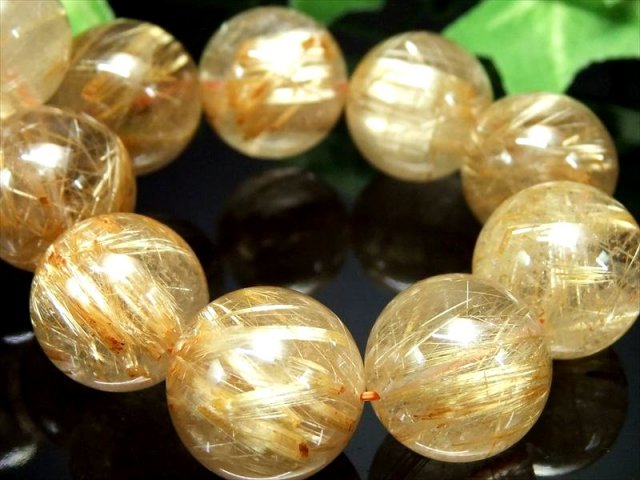 迫力の大珠 4A+ タイチン多め ゴールドルチル クォーツ ブレスレット 16mm-16.5mm×14珠 金運の代表石 上品な煌めき キラキラ針 一点もの ブラジル産