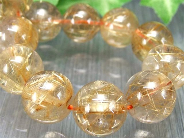 迫力の大珠 4A+ ゴールドルチル クォーツ ブレスレット 13.5mm-14mm×16珠 ギラギラゴールド 金運の代表石 一点もの ブラジル産 パワーストーン 天然石