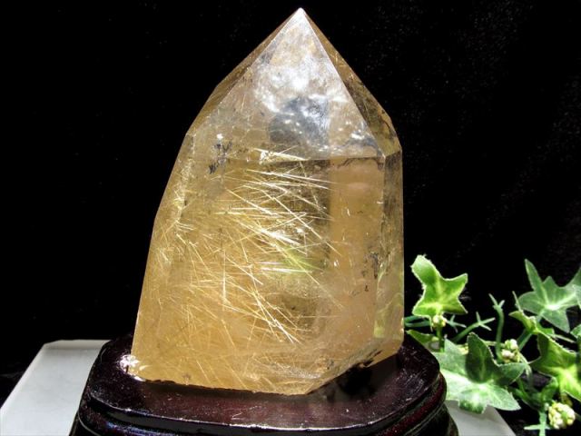 5A 超透明 虹入り ゴールド ルチルクォーツ 水晶ポイント 専用木製台 