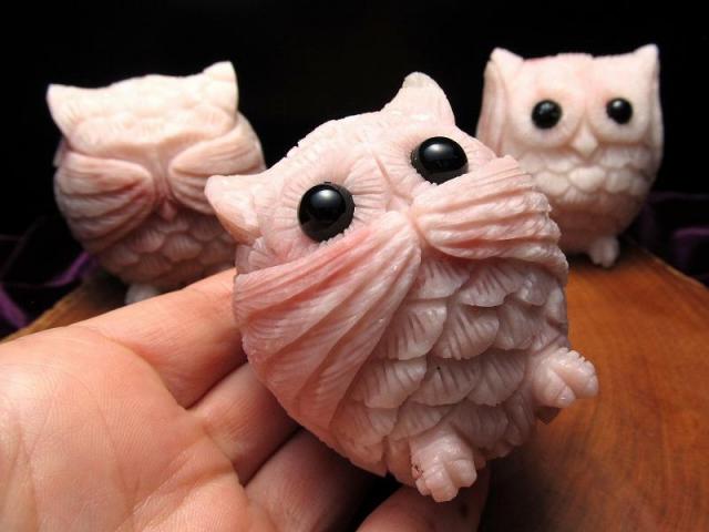 ピンクオパール フクロウ 梟 彫刻 2個セット
