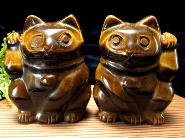 タイガーアイ ペア 招き猫 置物 1匹の重さ約60g-70g 2匹セット 開運