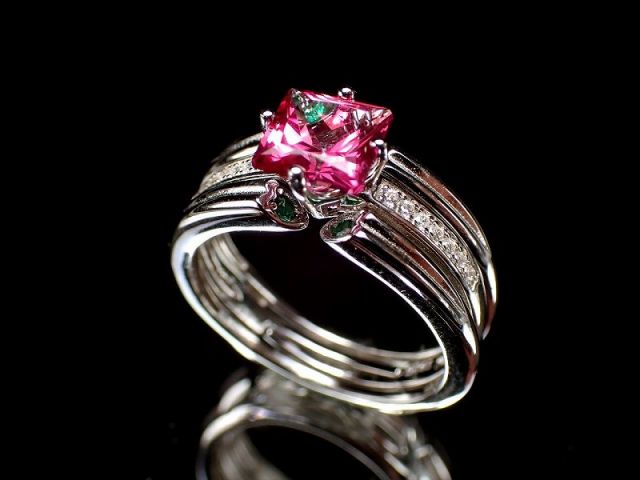 激安宣言 5A ピンクトパーズ 3WAYリング スクエアカット 石サイズ縦約6mm 1個売り クロムダイオプサイト&ジルコニア装飾 極上ピンクカラー シルバーリング ブラジル産 geki-7070C3