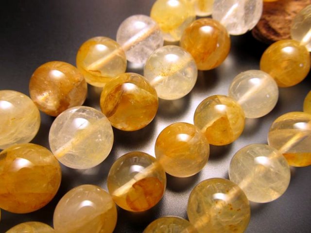 14mm珠 天然イエロークリスタル(イエローガーデン、イエローファントム入り水晶) 一連 約38-40cm 黄水晶 マダガスカル産
