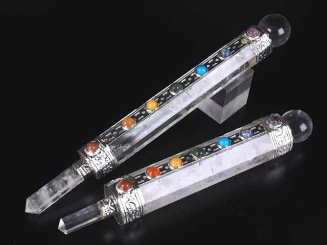 チャクラ対応 ヒマラヤ水晶丸玉付きマジックワンド 全長約15cm-18cm 1