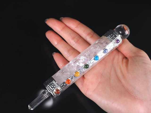 チャクラ対応 ヒマラヤ水晶丸玉付きマジックワンド 全長約15cm-18cm 1