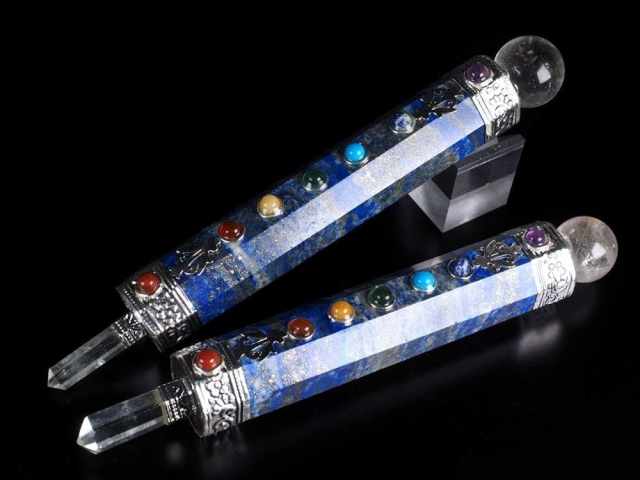 チャクラ対応 ヒマラヤ水晶丸玉付き ラピスラズリマジックワンド 全長約16cm-18cm 1個売り 7種の天然石 ヒーリングワンド タイプE