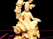 5A 透かし彫り 水月観音 座像 木彫り観音像置物 高さ約175mm 風水やインテリアに パワーストーン 天然石