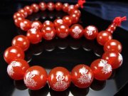 カーネリアン 蓮画・佛字彫り念珠 ブレスレット 主玉8mm×21珠前後 親玉10mm 仏の智慧・慈悲の象徴 ブラジル産